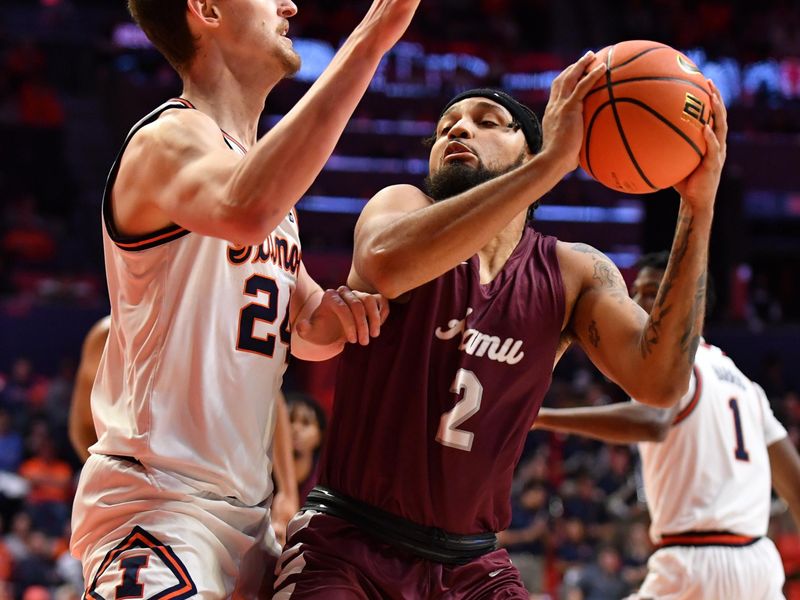 Dec 17, 2022; Champaign, Illinois, USA;  Alabama A&M Bulldogs guard Omari Peek (2) drives to the basket against Illinois Fighting Illini forward Matthew Mayer (24) during the second half at State Farm Center. Mandatory Credit: Ron Johnson-USA TODAY Sports