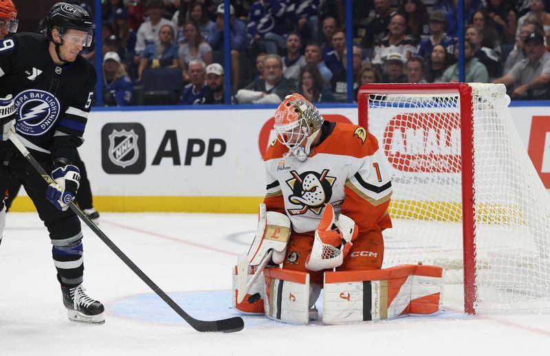 Oct 25, 2025; Tampa, Florida, USA; Anaheim Ducks goaltender Lukas Dostal (1) makes a save against the Tampa Bay Lightning during the first period at Benchmark International Arena. Mandatory Credit: Kim Klement Neitzel-Imagn Images