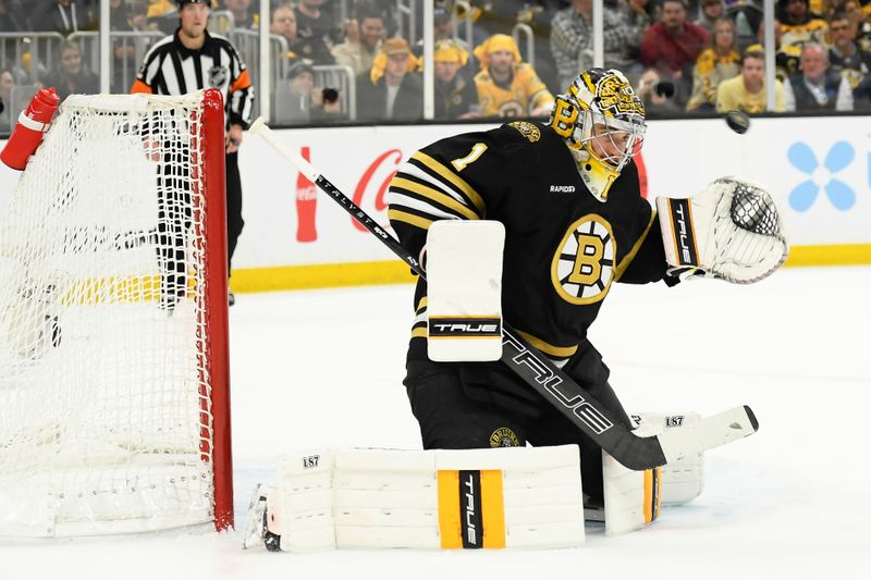 May 4, 2024; Boston, Massachusetts, USA; Boston Bruins goaltender Jeremy Swayman (1) makes a save during the second period in game seven of the first round of the 2024 Stanley Cup Playoffs against the Toronto Maple Leafs at TD Garden. Mandatory Credit: Bob DeChiara-USA TODAY Sports