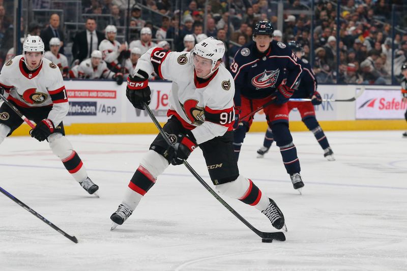 Dec 1, 2023; Columbus, Ohio, USA; Ottawa Senators right wing Vladimir Tarasenko (91) wrists a shot on goal against the Columbus Blue Jackets during the third period at Nationwide Arena. Mandatory Credit: Russell LaBounty-USA TODAY Sports