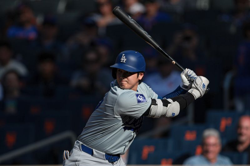 May 28, 2024; New York, NY, USA;  Los Angeles Dodgers designated hitter Shohei Ohtani (17) at bat during the sixth inning against the New York Mets at Citi Field. Mandatory Credit: Vincent Carchietta-USA TODAY Sports