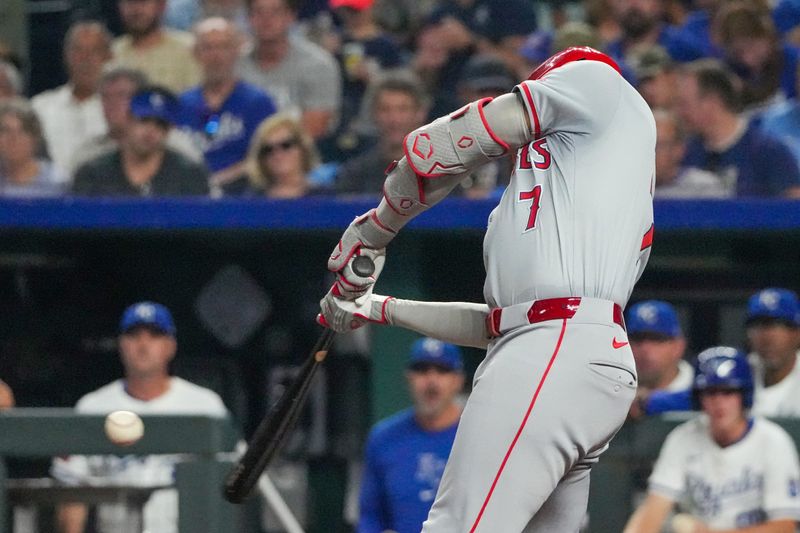 Aug 19, 2024; Kansas City, Missouri, USA; Los Angeles Angels right fielder Jo Adell (7) hits a two-run double against the Kansas City Royals in the seventh inning at Kauffman Stadium. Mandatory Credit: Denny Medley-USA TODAY Sports