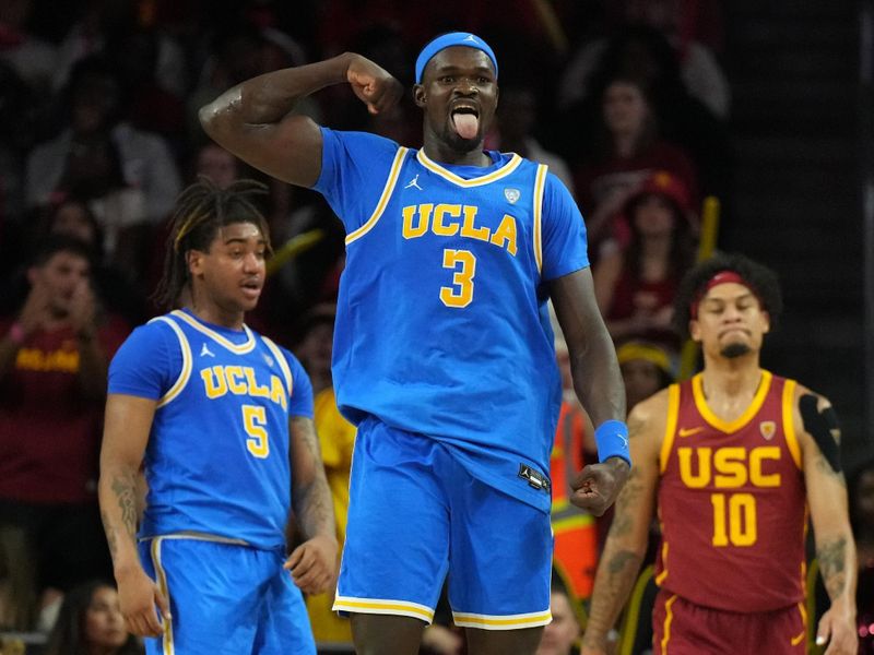 Jan 27, 2024; Los Angeles, California, USA; UCLA Bruins forward Adem Bona (3) celebrates against the Southern California Trojans in the second half at Galen Center. Mandatory Credit: Kirby Lee-USA TODAY Sports