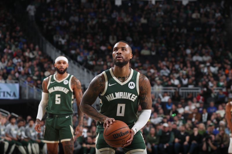 MILWAUKEE, WI - NOVEMBER 2: Damian Lillard #0 of the Milwaukee Bucks prepares to shoot a free throw during the game against the Cleveland Cavaliers  during a regular season game on November  2, 2024 at Fiserv Forum Center in Milwaukee, Wisconsin. NOTE TO USER: User expressly acknowledges and agrees that, by downloading and or using this Photograph, user is consenting to the terms and conditions of the Getty Images License Agreement. Mandatory Copyright Notice: Copyright 2024 NBAE (Photo by Gary Dineen/NBAE via Getty Images).