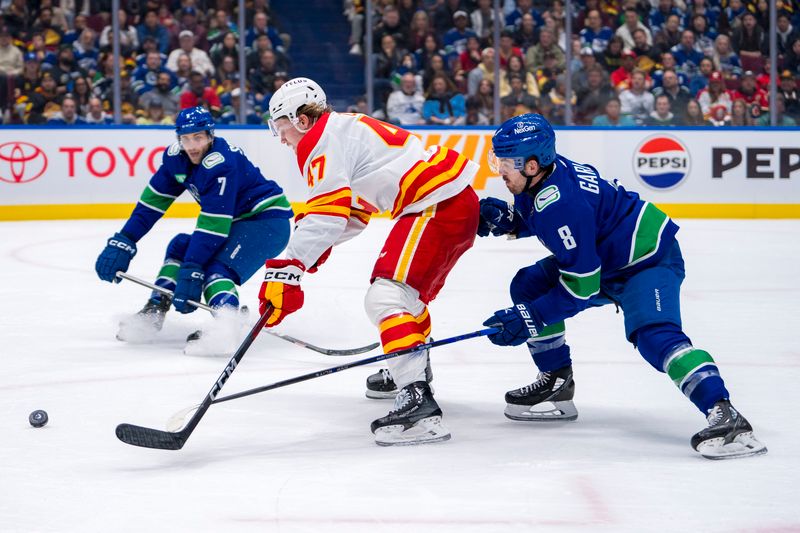 Apr 16, 2024; Vancouver, British Columbia, CAN; Vancouver Canucks forward Conor Garland (8) stick checks Calgary Flames forward Connor Zary (47) in the second period at Rogers Arena. Mandatory Credit: Bob Frid-USA TODAY Sports