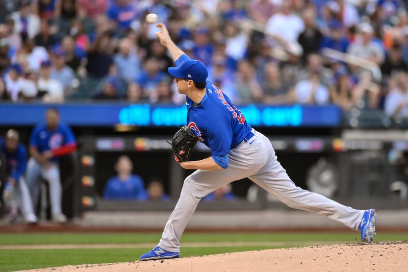 Aug 9, 2023; New York City, New York, USA; Chicago Cubs starting pitcher Kyle Hendricks (28) pitches against the New York Mets during the first inning at Citi Field. Mandatory Credit: John Jones-USA TODAY Sports