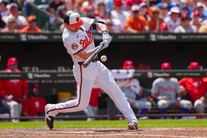 Jun 16, 2024; Baltimore, Maryland, USA; Baltimore Orioles second baseman Jordan Westburg (11) hits a three run home run against the Philadelphia Phillies during the fifth inning at Oriole Park at Camden Yards. Mandatory Credit: Gregory Fisher-USA TODAY Sports