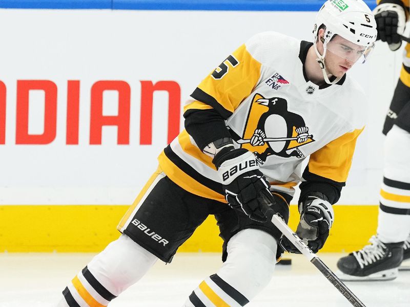 Apr 8, 2024; Toronto, Ontario, CAN; Pittsburgh Penguins defenseman Ryan Shea (5) skates against the Toronto Maple Leafs during the warmup at Scotiabank Arena. Mandatory Credit: Nick Turchiaro-USA TODAY Sports