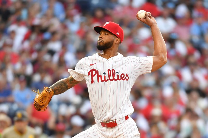 Jun 17, 2024; Philadelphia, Pennsylvania, USA; Philadelphia Phillies pitcher Cristopher Sánchez (61) throws a pitch during the fourth inning against the San Diego Padres at Citizens Bank Park. Mandatory Credit: Eric Hartline-USA TODAY Sports