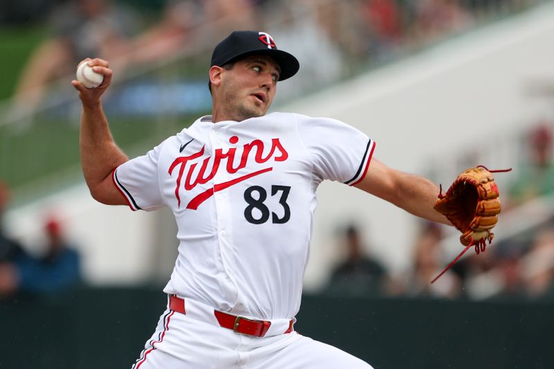 Mar 6, 2024; Fort Myers, Florida, USA;  Minnesota Twins starting pitcher Matt Canterino (83) throws a pitch against the Boston Red Sox in the fourth inning at Hammond Stadium. Mandatory Credit: Nathan Ray Seebeck-USA TODAY Sports