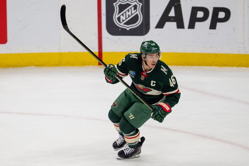 Apr 6, 2025; Saint Paul, Minnesota, USA; Minnesota Wild defenseman Jared Spurgeon (46) skates against the Dallas Stars in the first period at Xcel Energy Center. Mandatory Credit: Matt Blewett-Imagn Images