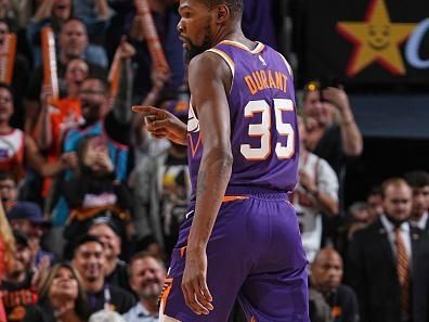 PHOENIX, AZ - NOVEMBER 2: Kevin Durant #35 of the Phoenix Suns looks on during the game against the San Antonio Spurs on November 2, 2023 at Footprint Center in Phoenix, Arizona. NOTE TO USER: User expressly acknowledges and agrees that, by downloading and or using this photograph, user is consenting to the terms and conditions of the Getty Images License Agreement. Mandatory Copyright Notice: Copyright 2023 NBAE (Photo by Garrett Ellwood/NBAE via Getty Images)