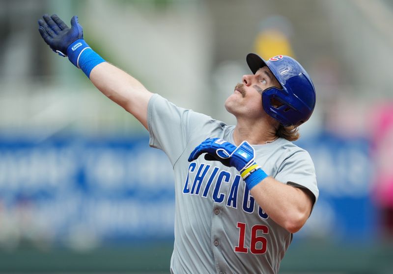 Jul 28, 2024; Kansas City, Missouri, USA; Chicago Cubs first baseman Patrick Wisdom (16) celebrates after hitting a home run during the ninth inning against the Kansas City Royals at Kauffman Stadium. Mandatory Credit: Jay Biggerstaff-USA TODAY Sports