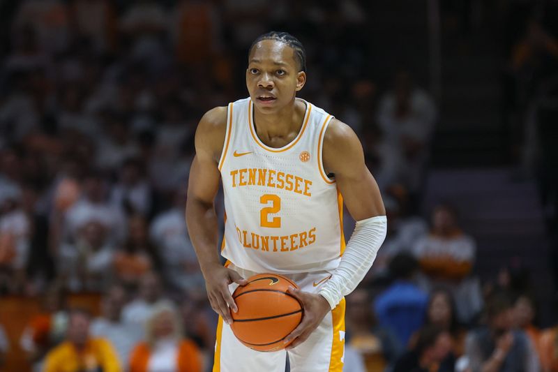 Feb 24, 2024; Knoxville, Tennessee, USA; Tennessee Volunteers guard Jordan Gainey (2) brings the ball up court against the Texas A&M Aggies during the second half at Thompson-Boling Arena at Food City Center. Mandatory Credit: Randy Sartin-USA TODAY Sports