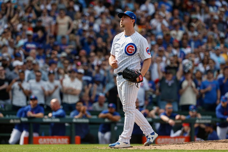 May 5, 2023; Chicago, Illinois, USA; Chicago Cubs relief pitcher Mark Leiter Jr. (38) reacts after delivering the final out against the Miami Marlins in the ninth inning at Wrigley Field. Mandatory Credit: Kamil Krzaczynski-USA TODAY Sports