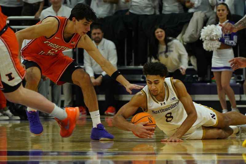 Jan 14, 2026; Evanston, Illinois, USA; Illinois Fighting Illini guard Andrej Stojakovic (2) defends Northwestern Wildcats forward Tre Singleton (8) during the second half at Welsh-Ryan Arena. Mandatory Credit: David Banks-Imagn Images