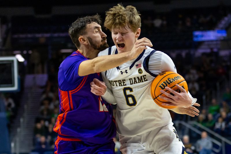 Dec 13, 2025; South Bend, Indiana, USA; Notre Dame Fighting Irish forward Brady Koehler (6) is fouled by Evansville Purple Aces guard Alex Hemenway (12) during the first half at Purcell Pavilion at the Joyce Center. Mandatory Credit: Michael Caterina-Imagn Images