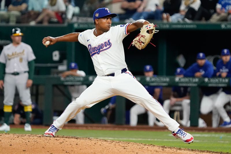 Apr 9, 2024; Arlington, Texas, USA; Texas Rangers pitcher José Leclerc (25) throws during the ninth inning against the Oakland Athletics at Globe Life Field. Mandatory Credit: Raymond Carlin III-USA TODAY Sports