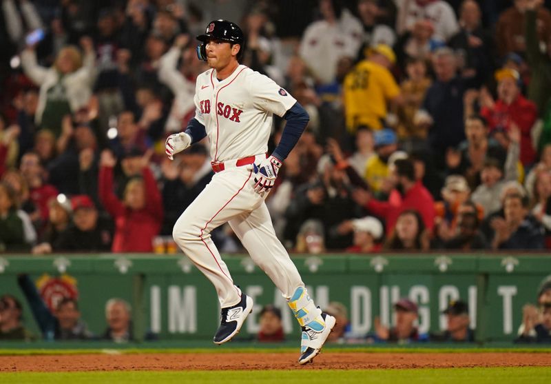 Apr 10, 2024; Boston, Massachusetts, USA; Boston Red Sox first base Triston Casas (36) hits a two run home run against the Baltimore Orioles in the fifth inning at Fenway Park. Mandatory Credit: David Butler II-USA TODAY Sports