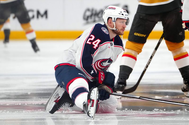 Mar 23, 2024; Las Vegas, Nevada, USA; Columbus Blue Jackets right wing Mathieu Olivier (24) warms up before a game against the Vegas Golden Knights at T-Mobile Arena. Mandatory Credit: Stephen R. Sylvanie-USA TODAY Sports