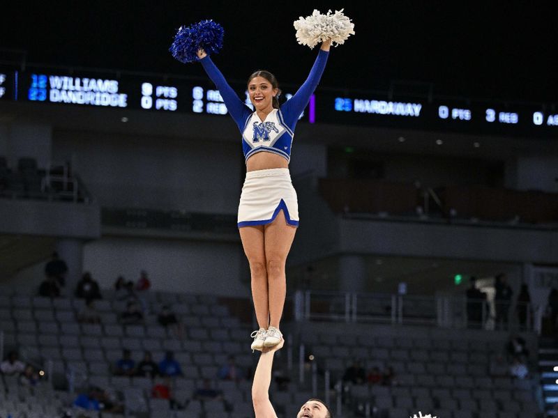 Mar 11, 2023; Fort Worth, TX, USA; A view of the Memphis Tigers cheerleaders during the first half of the game against the Tulane Green Wave at Dickies Arena. Mandatory Credit: Jerome Miron-USA TODAY Sports