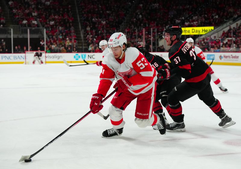 Jan 19, 2024; Raleigh, North Carolina, USA;  Detroit Red Wings defenseman Moritz Seider (53) holds onto the puck against Carolina Hurricanes left wing Teuvo Teravainen (86) and right wing Andrei Svechnikov (37) during the first period at PNC Arena. Mandatory Credit: James Guillory-USA TODAY Sports