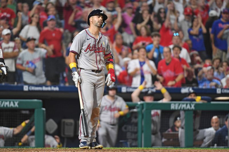 Sep 1, 2024; Philadelphia, Pennsylvania, USA; Atlanta Braves outfielder Whit Merrifield (15) reacts after striking out to end the eleventh inning against the Philadelphia Phillies at Citizens Bank Park. Mandatory Credit: Eric Hartline-USA TODAY Sports