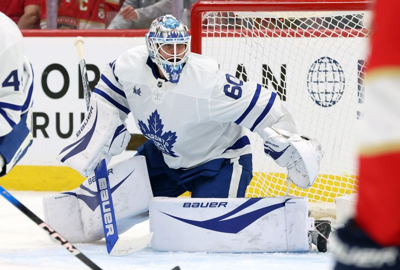 May 11, 2025; Sunrise, Florida, USA; Toronto Maple Leafs goaltender Joseph Woll (60) looks on against the Florida Panthers during the second period in game four of the second round of the 2025 Stanley Cup Playoffs at Amerant Bank Arena. Mandatory Credit: Kim Klement Neitzel-Imagn Images