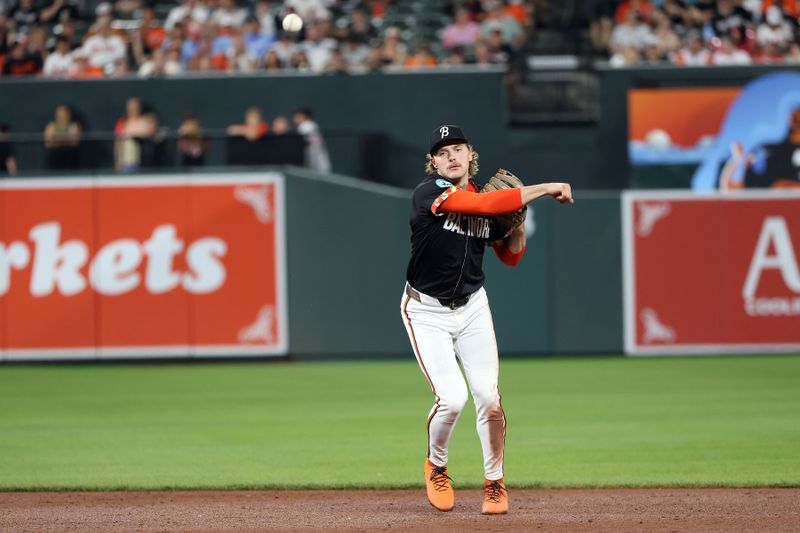 May 2, 2025; Baltimore, Maryland, USA; Baltimore Orioles shortstop Gunnar Henderson (2) throws the ball to first base for an out during the seventh inning against the Kansas City Royals at Oriole Park at Camden Yards. Mandatory Credit: Daniel Kucin Jr.-Imagn Images