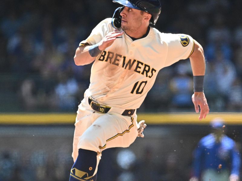 May 30, 2024; Milwaukee, Wisconsin, USA; Milwaukee Brewers outfielder Sal Frelick (10) rounds second base against the Chicago Cubs in the second inning at American Family Field. Mandatory Credit: Michael McLoone-USA TODAY Sports