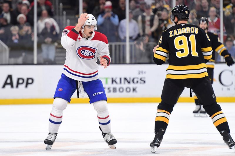Dec 23, 2025; Boston, Massachusetts, USA; Boston Bruins defenseman Nikita Zadorov (91) gets set to fight with Montreal Canadiens defenseman Arber Xhekaj (72) during the first period at TD Garden. Mandatory Credit: Bob DeChiara-Imagn Images