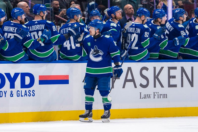 Apr 8, 2024; Vancouver, British Columbia, CAN; Vancouver Canucks forward Conor Garland (8) celebrates his second goal of the game against the Vegas Golden Knights in the second period  at Rogers Arena. Mandatory Credit: Bob Frid-USA TODAY Sports