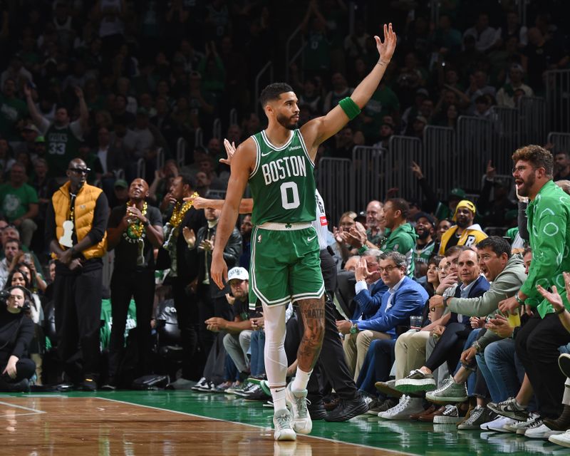 BOSTON, MA - OCTOBER 22: Jayson Tatum #0 of the Boston Celtics celebrates during the game against the New York Knicks on October 22, 2024 at TD Garden in Boston, Massachusetts. NOTE TO USER: User expressly acknowledges and agrees that, by downloading and/or using this Photograph, user is consenting to the terms and conditions of the Getty Images License Agreement. Mandatory Copyright Notice: Copyright 2024 NBAE (Photo by Brian Babineau/NBAE via Getty Images)