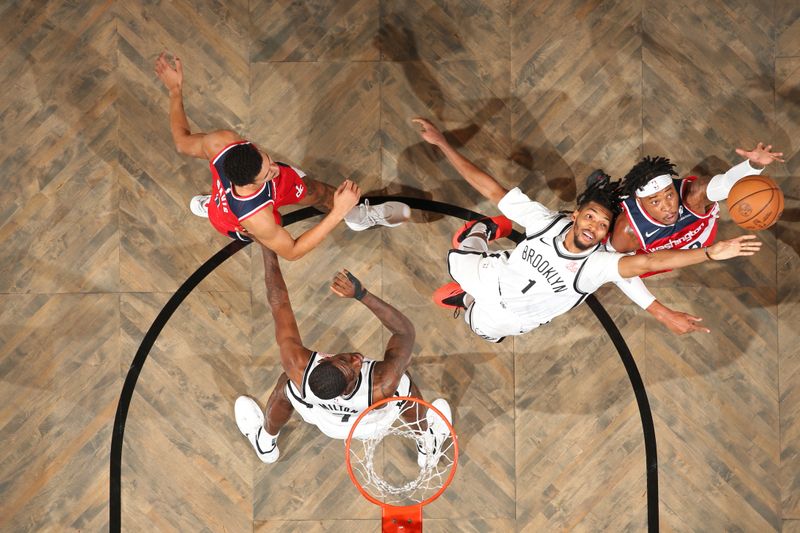 BROOKLYN, NY - OCTOBER 14: Ziaire Williams #1 of the Brooklyn Nets goes for the rebound during the game against the Washington Wizards during a NBA preseason game on October 14, 2024 at Barclays Center in Brooklyn, New York. NOTE TO USER: User expressly acknowledges and agrees that, by downloading and or using this Photograph, user is consenting to the terms and conditions of the Getty Images License Agreement. Mandatory Copyright Notice: Copyright 2024 NBAE (Photo by Nathaniel S. Butler/NBAE via Getty Images)