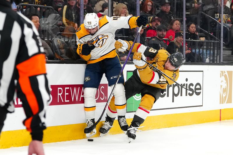 Feb 20, 2024; Las Vegas, Nevada, USA; Vegas Golden Knights center Ivan Barbashev (49) checks Nashville Predators defenseman Alexandre Carrier (45) during the second period at T-Mobile Arena. Mandatory Credit: Stephen R. Sylvanie-USA TODAY Sports