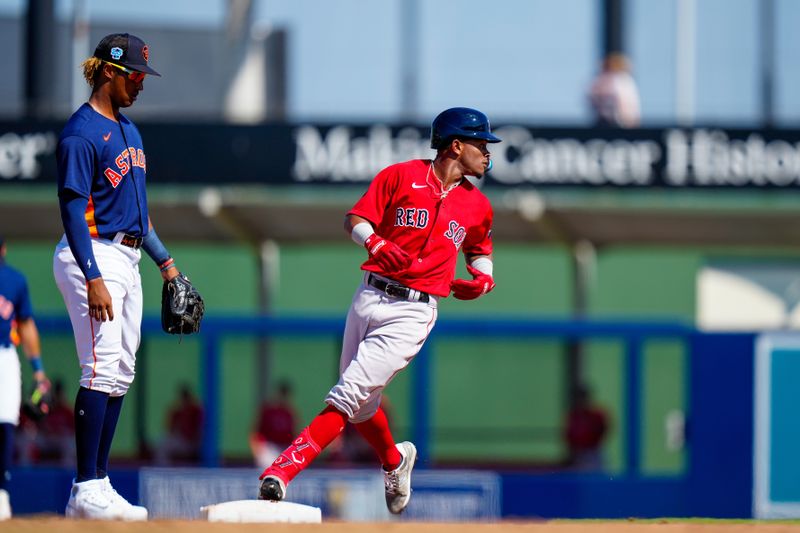 Mar 1, 2023; West Palm Beach, Florida, USA; Boston Red Sox third baseman Ceddanne Rafaela (78) runs into second base against the Houston Astros during the sixth inning at The Ballpark of the Palm Beaches. Mandatory Credit: Rich Storry-USA TODAY Sports