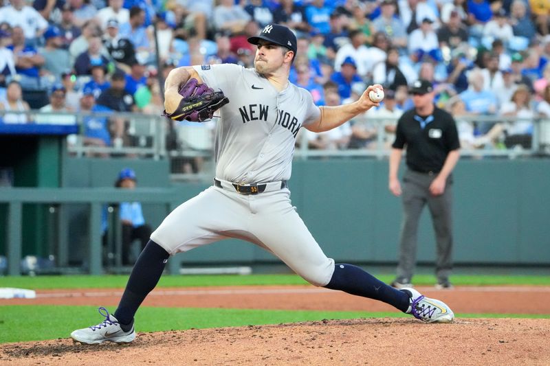 Jun 10, 2024; Kansas City, Missouri, USA; New York Yankees starting pitcher Carlos Rodón (55) delivers a pitch against the Kansas City Royals in the fifth inning at Kauffman Stadium. Mandatory Credit: Denny Medley-USA TODAY Sports