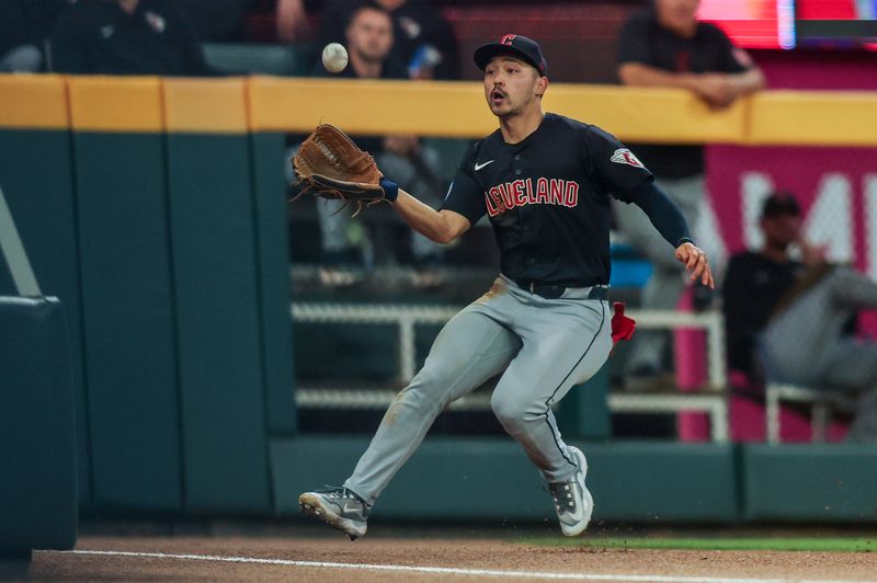 Apr 27, 2024; Atlanta, Georgia, USA; Cleveland Guardians left fielder Steven Kwan (38) catches a fly ball against the Atlanta Braves in the fifth inning at Truist Park. Mandatory Credit: Brett Davis-USA TODAY Sports