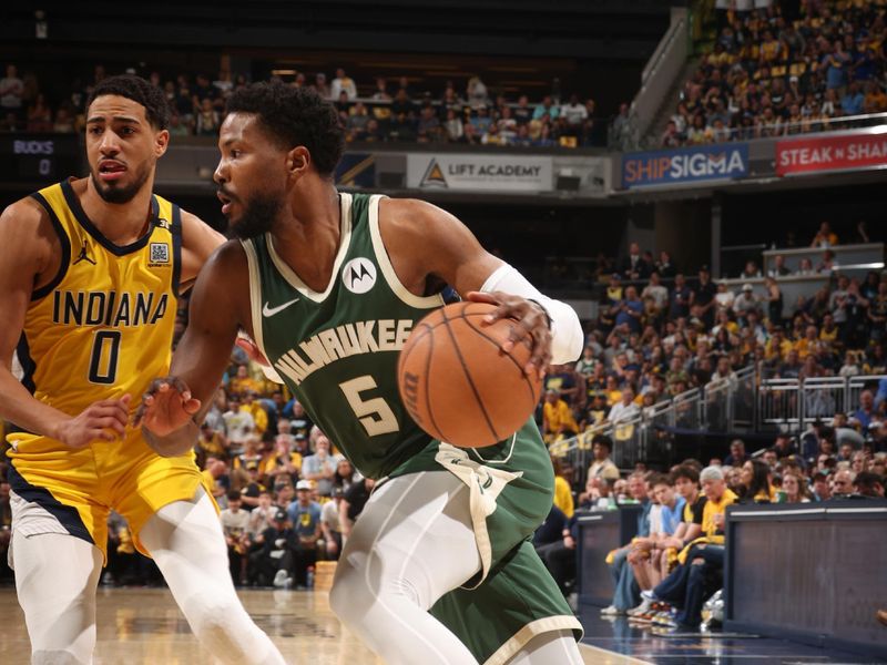 INDIANAPOLIS, IN - APRIL 28: Malik Beasley #5 of the Milwaukee Bucks drives to the basket during the game against the Indiana Pacers during Round 1 Game 4 of the 2024 NBA Playoffs on April 28, 2024 at Gainbridge Fieldhouse in Indianapolis, Indiana. NOTE TO USER: User expressly acknowledges and agrees that, by downloading and or using this Photograph, user is consenting to the terms and conditions of the Getty Images License Agreement. Mandatory Copyright Notice: Copyright 2024 NBAE (Photo by Nathaniel S. Butler/NBAE via Getty Images)