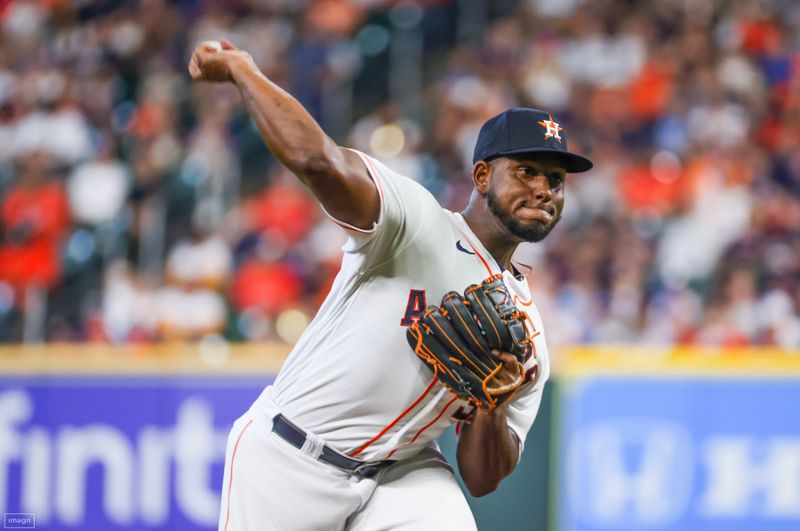 Aug 2, 2023; Houston, Texas, USA; Houston Astros starting pitcher Ronel Blanco (56) pitches against the Cleveland Guardians in the second inning at Minute Maid Park. Mandatory Credit: Thomas Shea-USA TODAY Sports