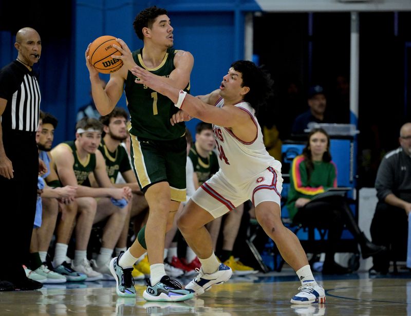 Dec 22, 2023; Los Angeles, California, USA; Loyola Marymount Lions forward Keli Leaupepe (34) guards Colorado State Rams forward Joel Scott (1) in the second half at Gersten Pavilion. Mandatory Credit: Jayne Kamin-Oncea-USA TODAY Sports