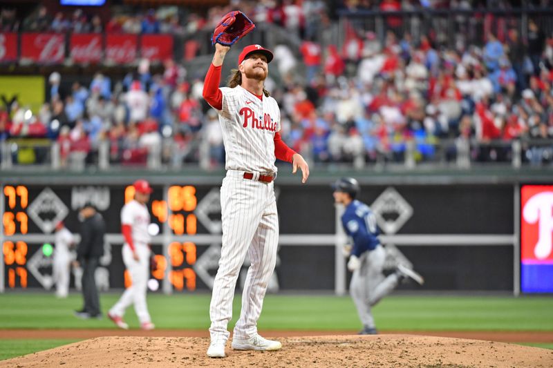 Apr 25, 2023; Philadelphia, Pennsylvania, USA; Philadelphia Phillies starting pitcher Bailey Falter (70) waits fore a new baseball after allowing a home run to Seattle Mariners left fielder Jarred Kelenic (10) during the fifth inning at Citizens Bank Park. Mandatory Credit: Eric Hartline-USA TODAY Sports