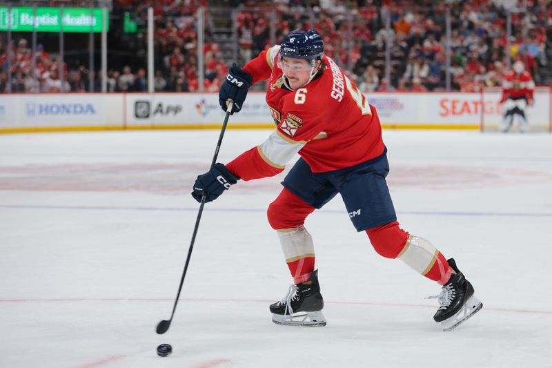 Nov 1, 2025; Sunrise, Florida, USA; Florida Panthers defenseman Donovan Sebrango (6) moves the puck against the Dallas Stars during the third period at Amerant Bank Arena. Mandatory Credit: Sam Navarro-Imagn Images