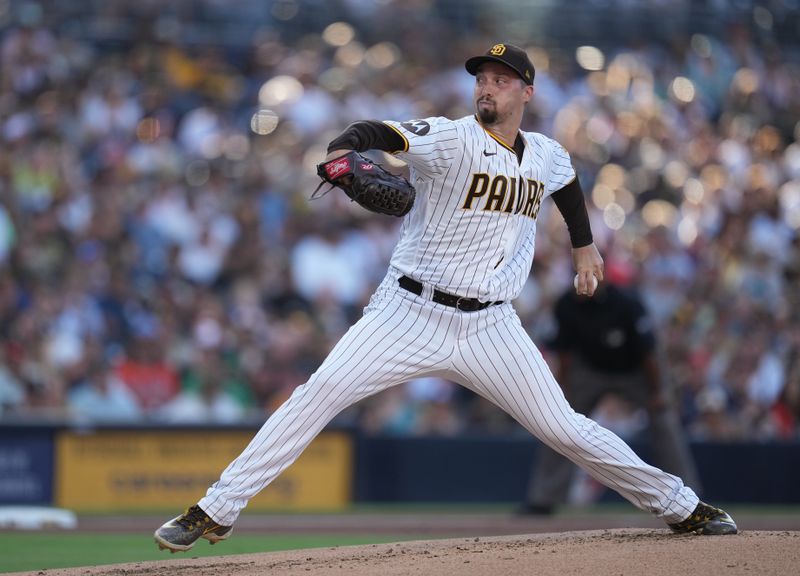 Aug 16, 2023; San Diego, California, USA;  San Diego Padres starting pitcher Blake Snell (4) throws a pitch against the Baltimore Orioles during the first inning at Petco Park. Mandatory Credit: Ray Acevedo-USA TODAY Sports