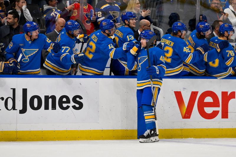 Nov 9, 2024; St. Louis, Missouri, USA;  St. Louis Blues defenseman Scott Perunovich (48) is congratulated by teammates after scoring his first NHL goal during the first period against the Washington Capitals at Enterprise Center. Mandatory Credit: Jeff Curry-Imagn Images