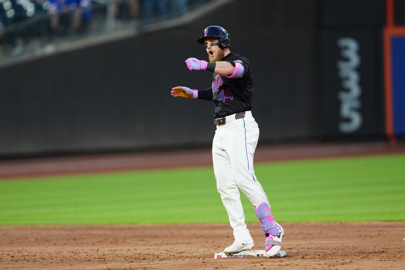 May 31, 2024; New York City, New York, USA; New York Mets center fielder Harrison Bader (44) reacts to hitting a double against the Arizona Diamondbacks during the third inning at Citi Field. Mandatory Credit: Gregory Fisher-USA TODAY Sports