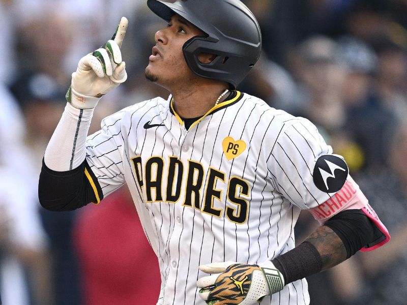 Jul 13, 2024; San Diego, California, USA; San Diego Padres designated hitter Manny Machado (13) celebrates after hitting a home run against the Atlanta Braves during the eighth inning at Petco Park. Mandatory Credit: Orlando Ramirez-USA TODAY Sports 