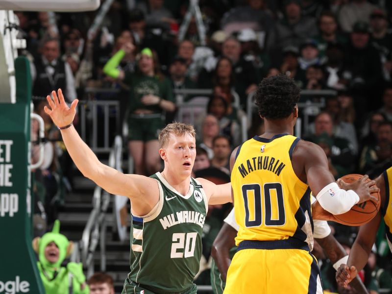 MILWAUKEE, WI - APRIL  25: AJ Green #20 of the Milwaukee Bucks plays defense during the game against the Indiana Pacers  during Round 1 Game 3 of the 2025 NBA Playoffs on April 25, 2025 at Fiserv Forum Center in Milwaukee, Wisconsin. NOTE TO USER: User expressly acknowledges and agrees that, by downloading and or using this Photograph, user is consenting to the terms and conditions of the Getty Images License Agreement. Mandatory Copyright Notice: Copyright 2025 NBAE (Photo by Gary Dineen/NBAE via Getty Images).