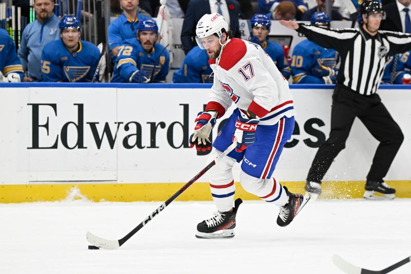 Nov 4, 2023; St. Louis, Missouri, USA; Montreal Canadiens right wing Josh Anderson (17) skates against the St. Louis Blues during the first period at Enterprise Center. Mandatory Credit: Jeff Le-USA TODAY Sports