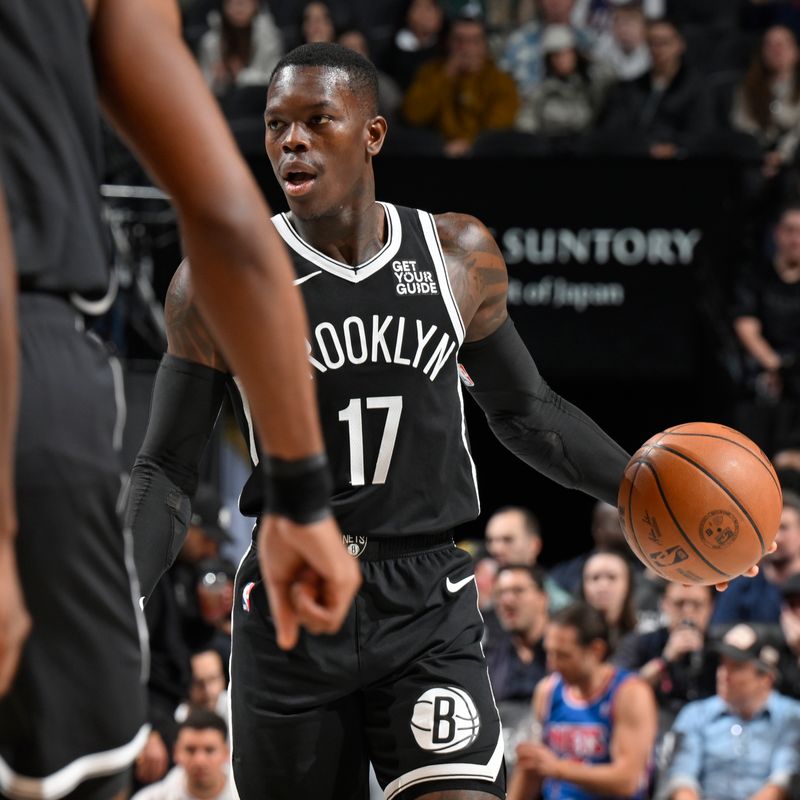 BROOKLYN, NY - NOVEMBER 9: Dennis Schroder #17 of the Brooklyn Nets dribbles the ball during the game against the Chicago Bulls on November 9, 2024 at Barclays Center in Brooklyn, New York. NOTE TO USER: User expressly acknowledges and agrees that, by downloading and or using this Photograph, user is consenting to the terms and conditions of the Getty Images License Agreement. Mandatory Copyright Notice: Copyright 2024 NBAE (Photo by David Dow/NBAE via Getty Images)